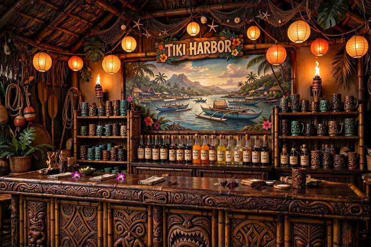 The Tiki Harbor bar — bamboo, lanterns, and tropical carvings