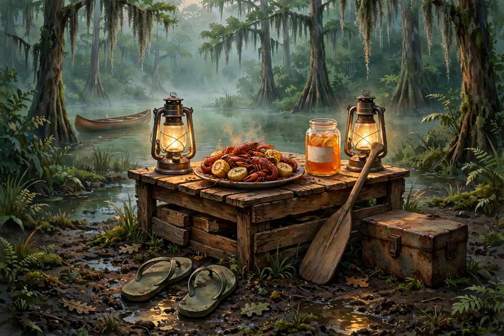 Bayou Landing — lanterns and a crawfish boil in the mist