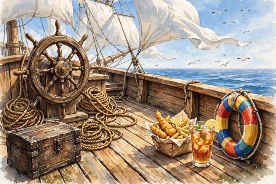 Day Sail — ship's wheel, sails, and fish and chips on deck