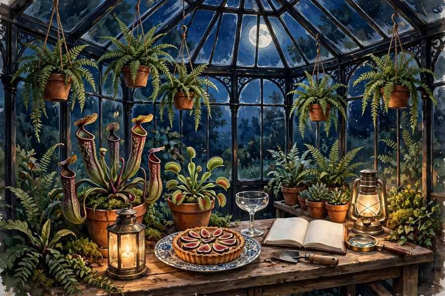The Glasshouse — a moonlit greenhouse with ferns and lanterns