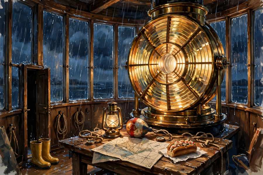Lighthouse Watch — a glowing Fresnel lens in the rain